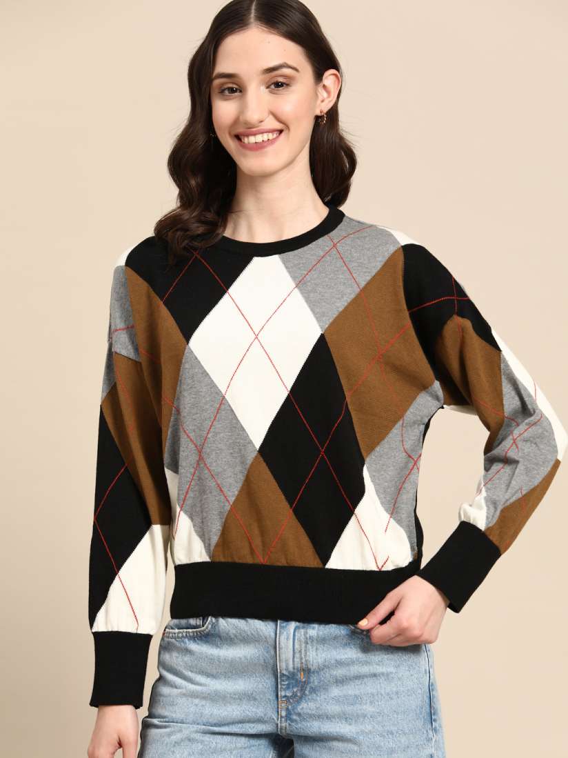Buy United Colors of Benetton Women Black White Argyle Pullover Sweaters for Women 20475236 Myntra