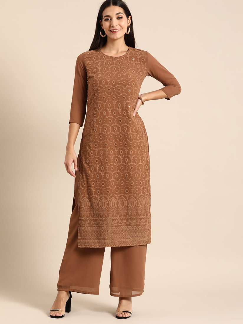 Buy all about you Women Brown Ethnic Motifs Embroidered Chikankari Kurta with Palazzos Kurta Sets for Women 20488540 Myntra
