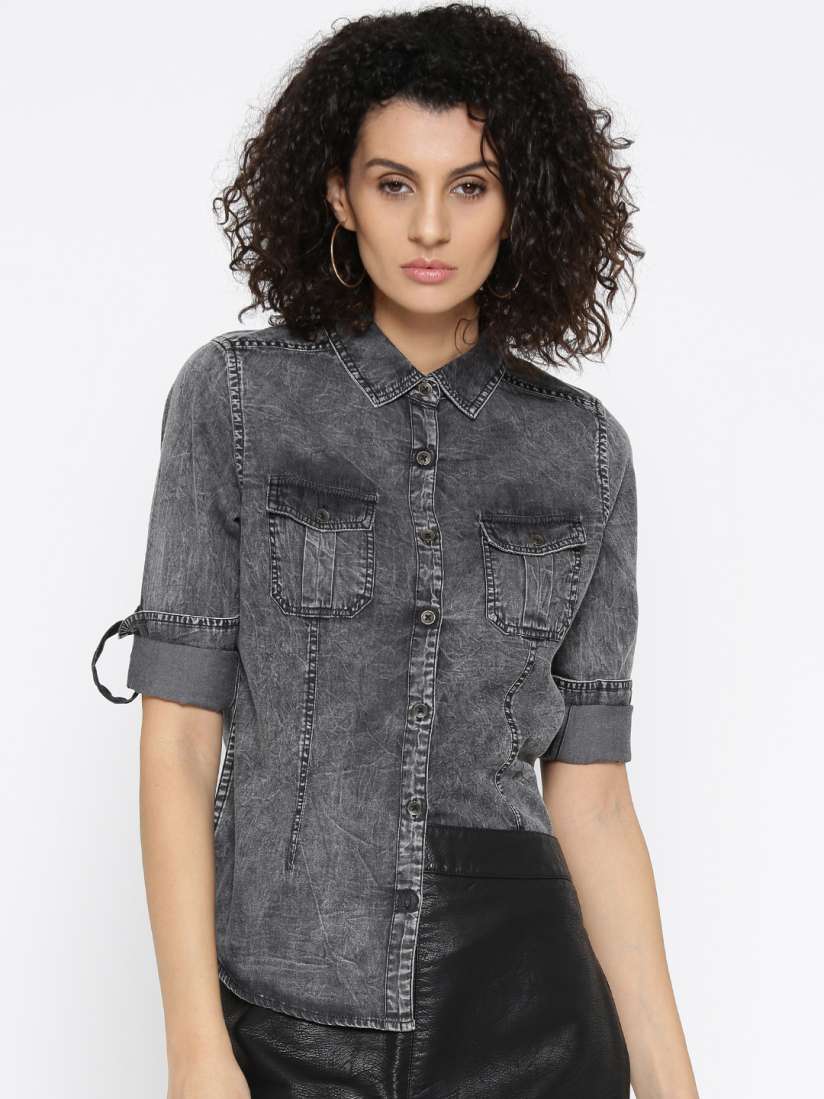 Buy Roadster Women Charcoal Grey Regular Fit Faded Denim Shirt Shirts for Women 2048899 Myntra