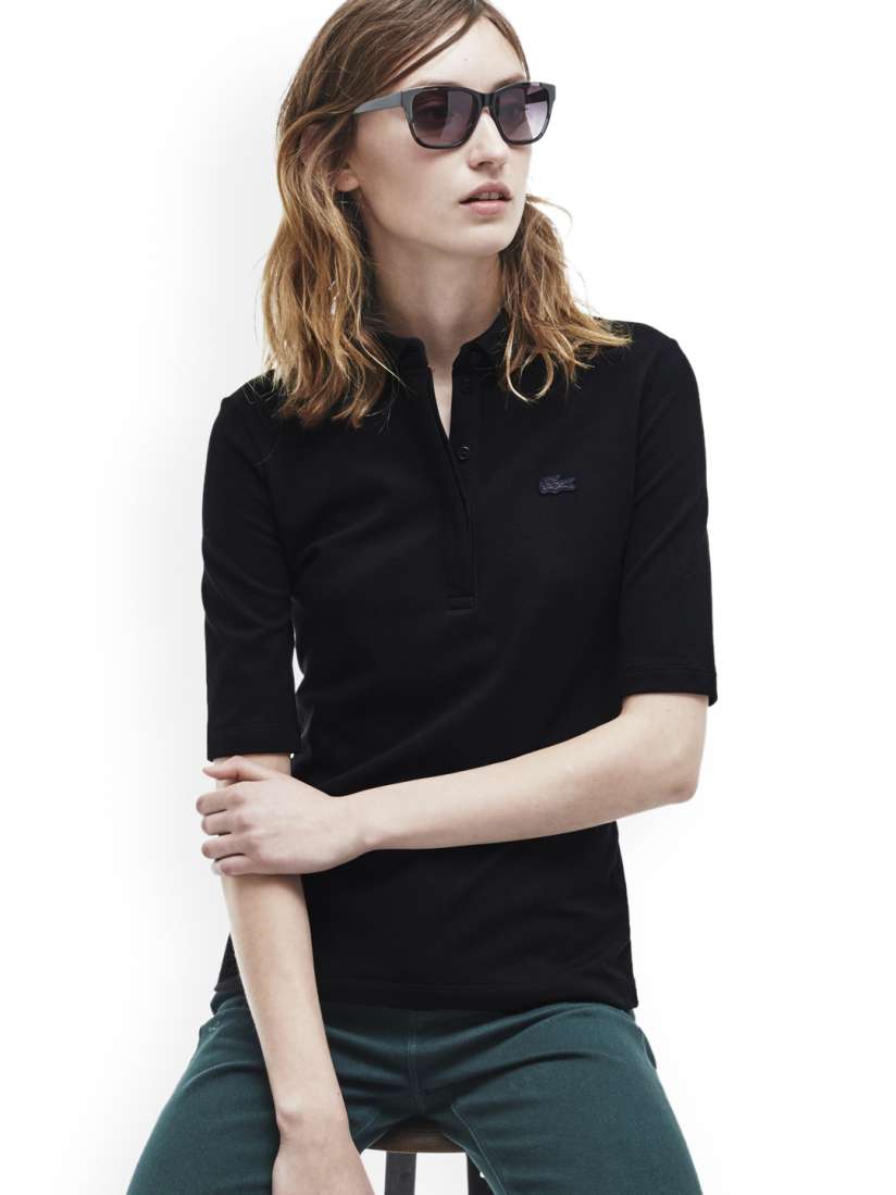 Buy Lacoste Women Black Solid Polo Collar T shirt Tshirts for Women 2048980 Myntra