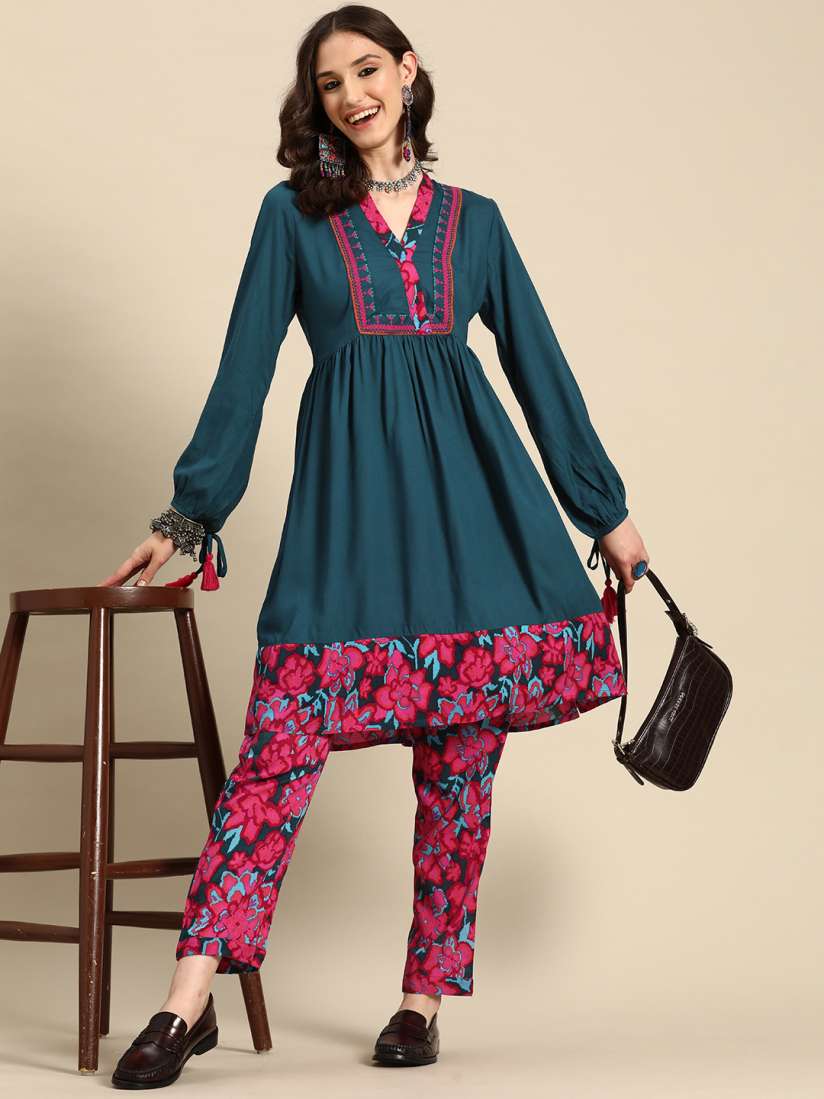 Buy Sangria Women Floral Printed Gathered A Line Kurta with Trousers Kurta Sets for Women 20499392 Myntra