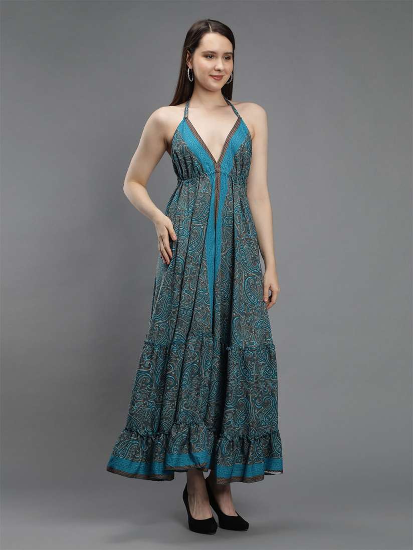 Buy Aditi Wasan Turquoise Blue Brown Floral Halter Neck Jacquard A Line Maxi Beach Dress Dresses for Women 20499860 Myntra