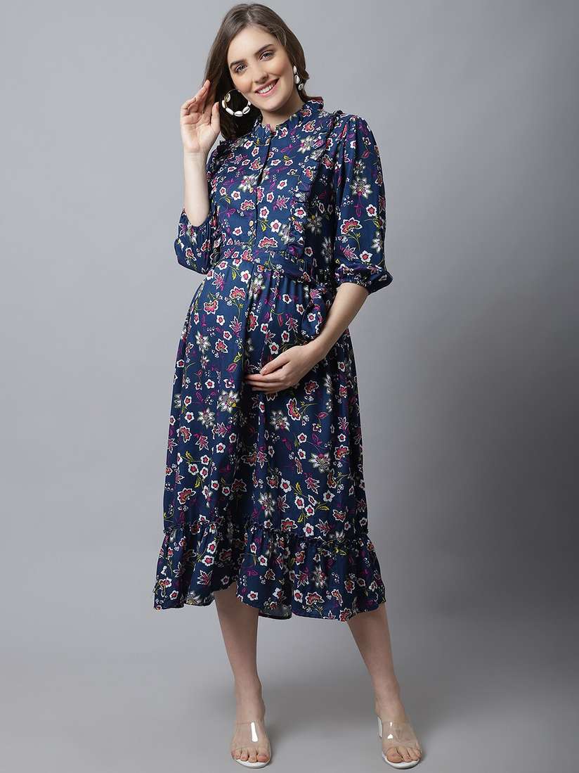 Maternity Gown Navy Blue With Pink Flowers Dress PinkBlush Navy