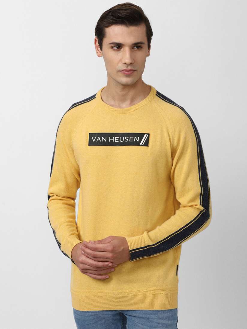 Buy Van Heusen Sport Men Yellow Black Typography Printed Cashmere Pullover Sweater Sweaters for Men 20512660 Myntra