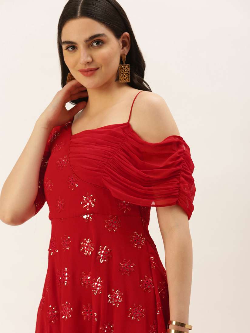 Buy Ethnovog Ready To Wear Red Georgette Embroidered One Shoulder Style Gown Ethnic Dresses for Women 20513568 Myntra