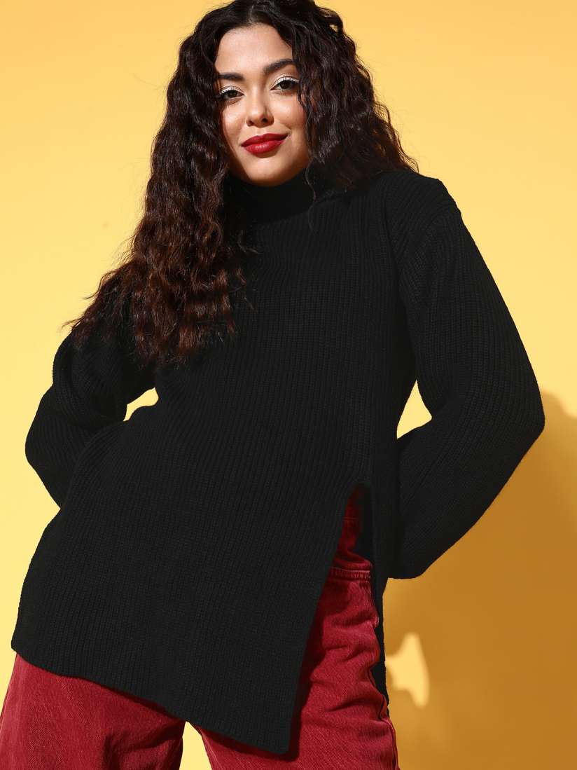 Buy Berrylush Women Black Solid Longline Pullover Sweater Sweaters for Women 20522132 Myntra