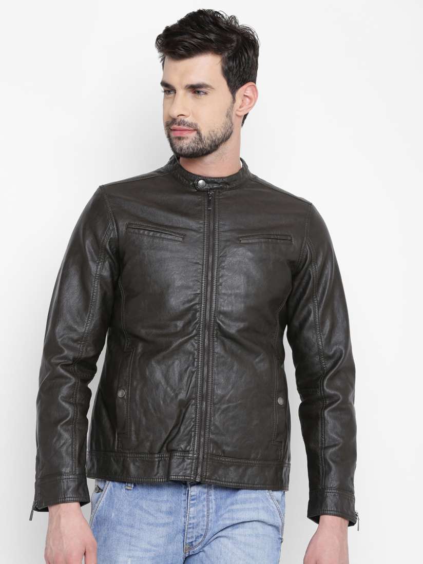 Buy Louis Philippe Jeans Men Brown Solid Faux Leather Biker Jacket Jackets for Men 2052625 Myntra