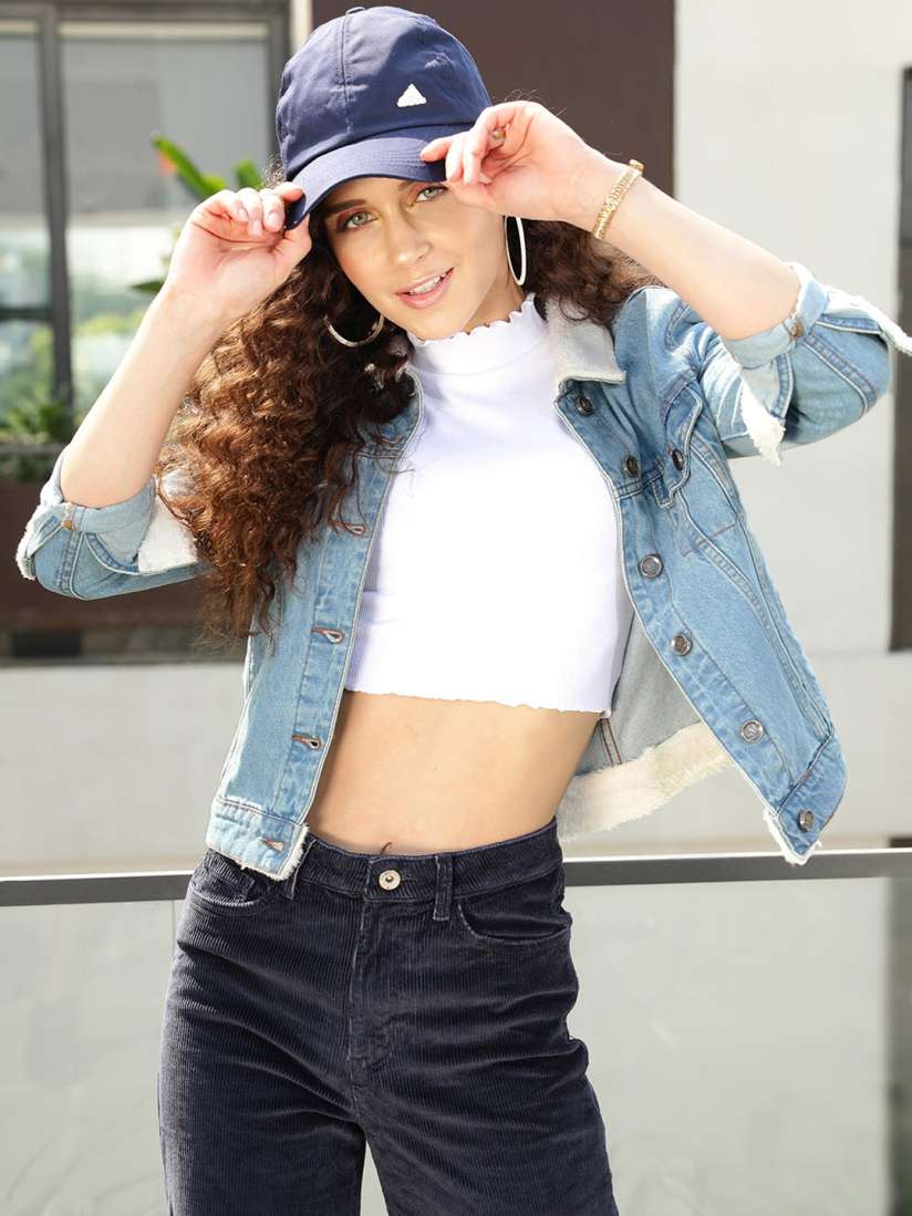 Buy STREET 9 Women Blue White Washed Crop Cotton Denim Jacket Jackets for Women 20527576 Myntra