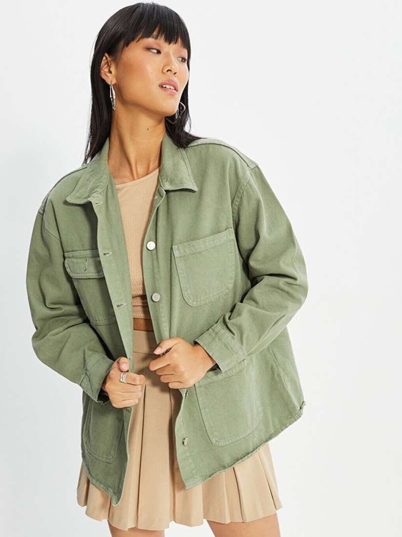 Buy Trendyol Women Khaki Longline Pure Cotton Denim Jacket Jackets for Women 20535350 Myntra