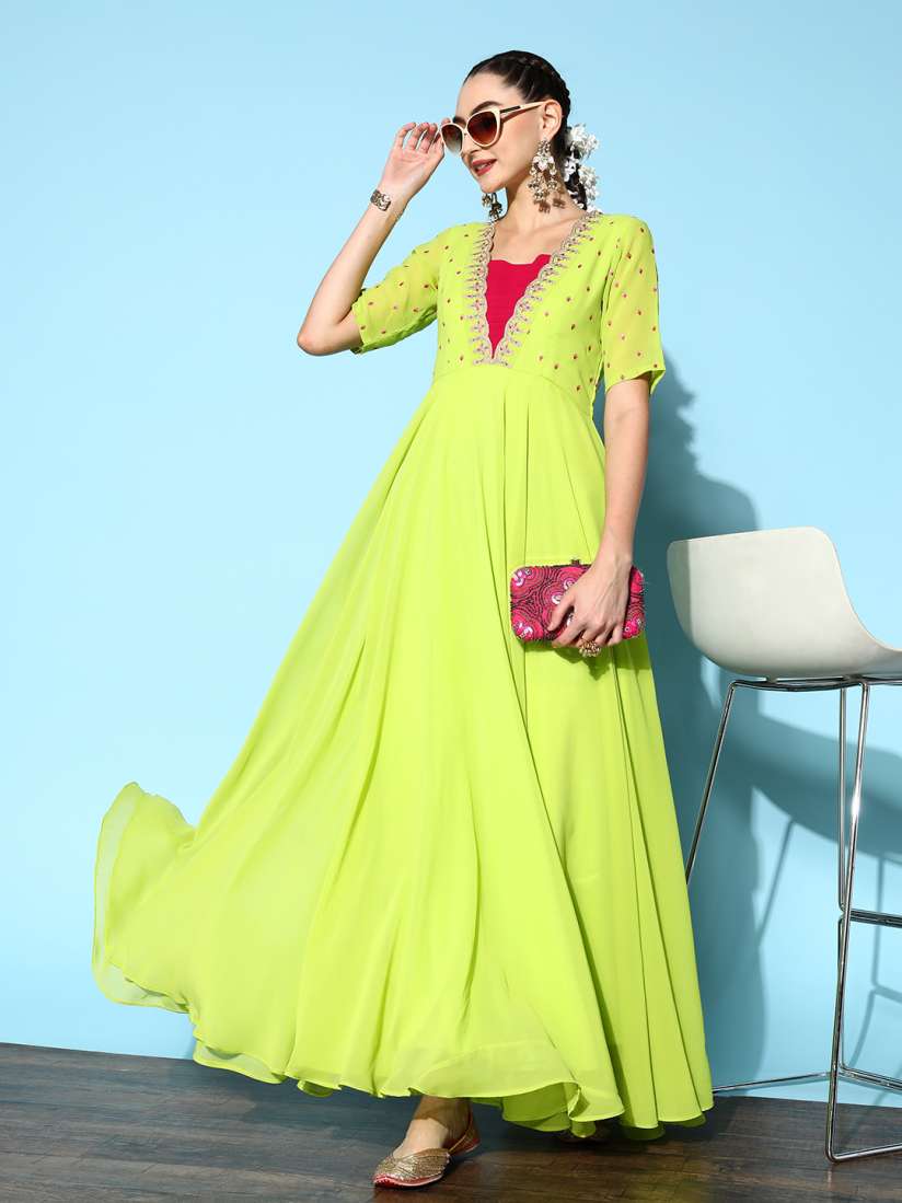 Buy Inddus Green Pink Ethnic Motifs Embroidered Georgette Maxi Dress Ethnic Dresses for Women 20539850 Myntra
