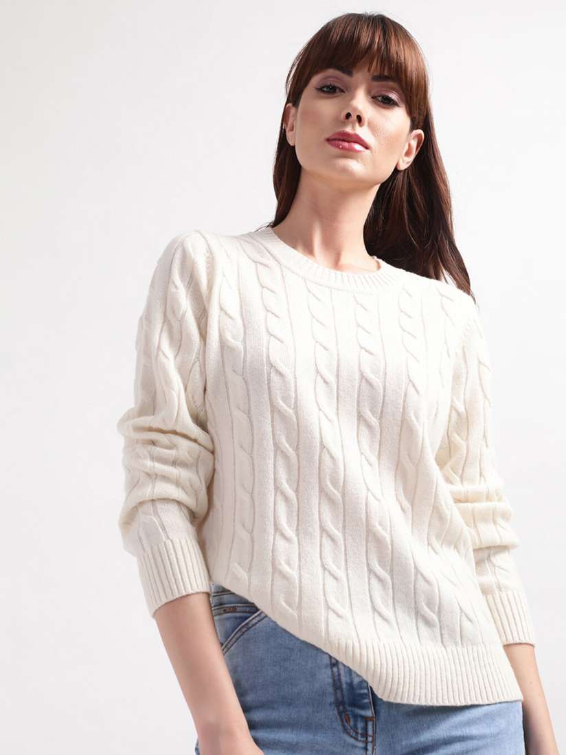 Buy GANT Women Off White Cable Knit Wool Pullover Sweaters for Women 20542852 Myntra