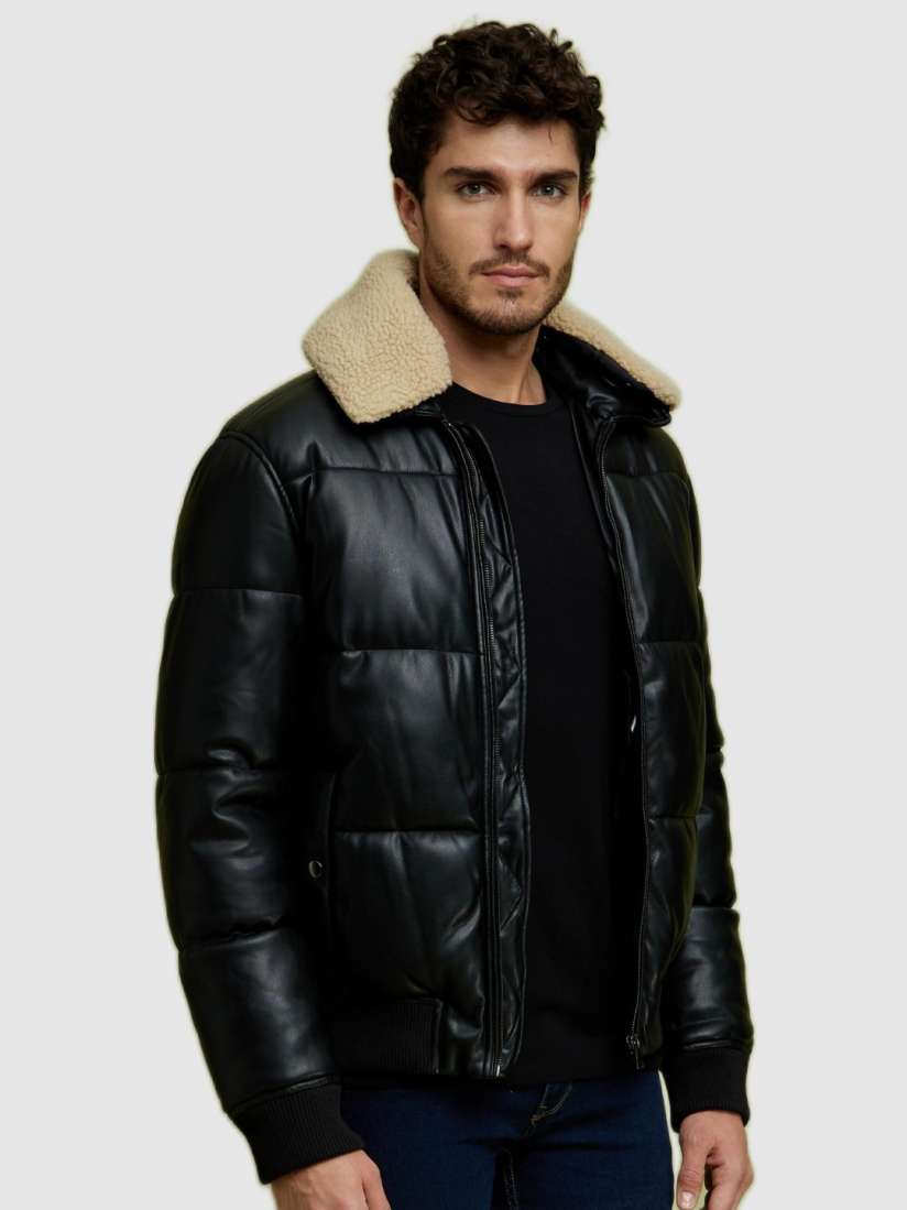 Buy Celio Men Black Solid Synthetic Leather Long Sleeves Puffer Jacket Jackets for Men 20559924 Myntra