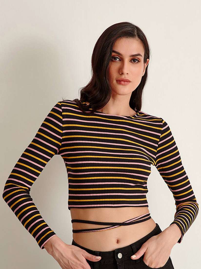 Buy COVER STORY Women Black Yellow Striped Cotton Crop Fitted Top Tops for Women 20566884 Myntra