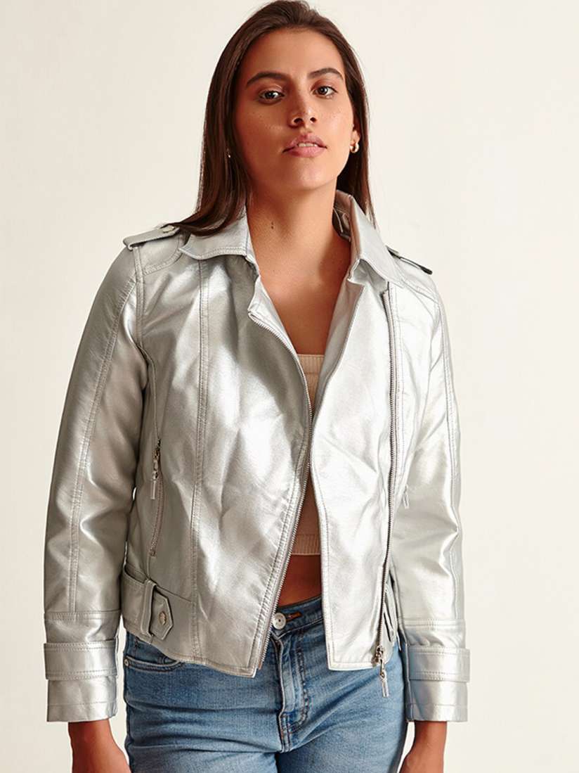 Buy COVER STORY Women Silver Toned Solid Biker Jacket Jackets for Women 20566996 Myntra