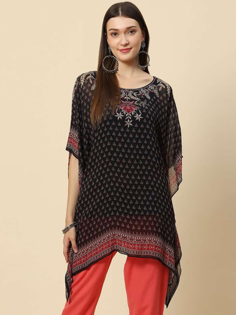 Buy Meena Bazaar Black Ethnic Motifs Printed Extended Sleeves Pure Georgette Kaftan Kurti Kurtis for Women 20575340 Myntra