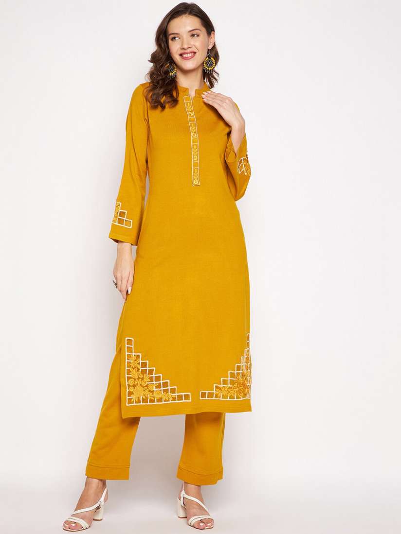 Zigo Winter Wear Women Mustard Yellow Floral Embroidered Thread Work Kurta  with Trousers