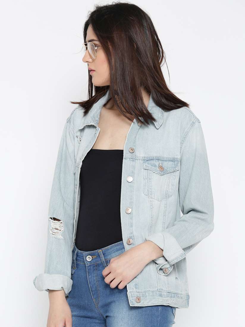 Buy FOREVER 21 Women Blue Washed Distressed Denim Jacket Jackets for Women 2057936 Myntra