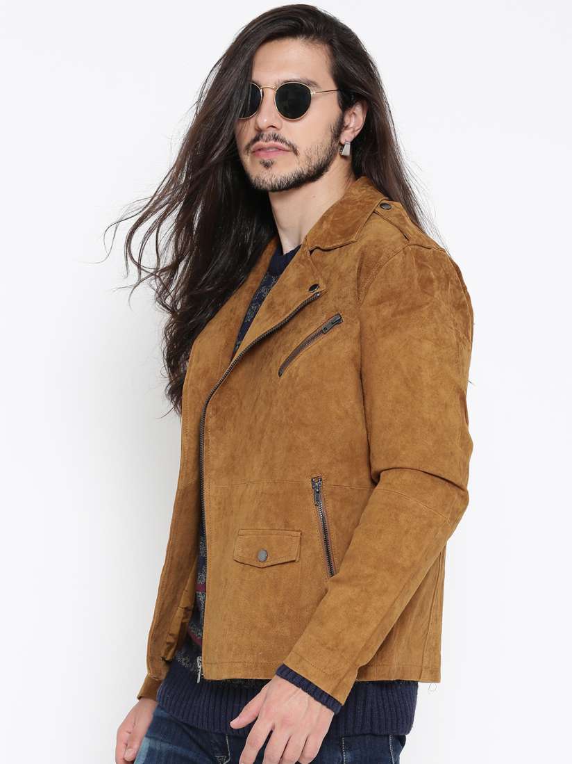 Buy FOREVER 21 Men Mustard Brown Solid Asymmetric Closure Leather Jacket Jackets for Men 2058086 Myntra