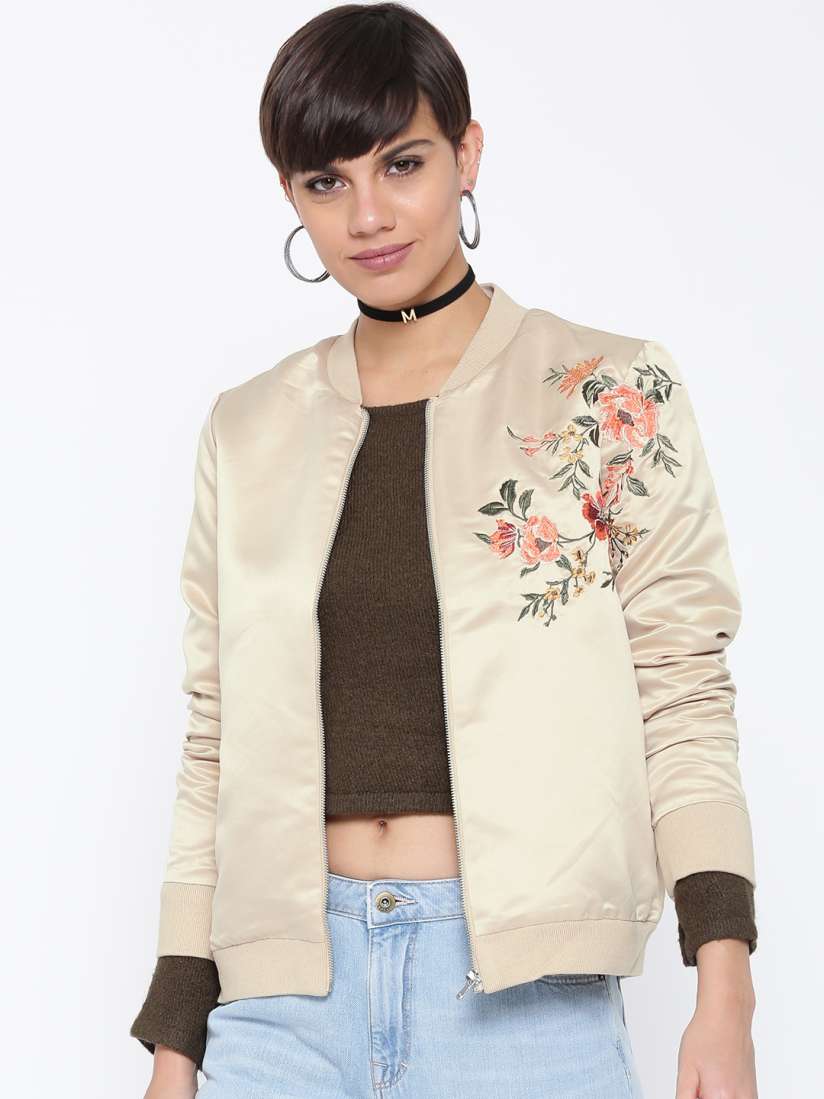 Buy FOREVER 21 Women Beige Embroidered Bomber Jacket Jackets for Women 2058212 Myntra