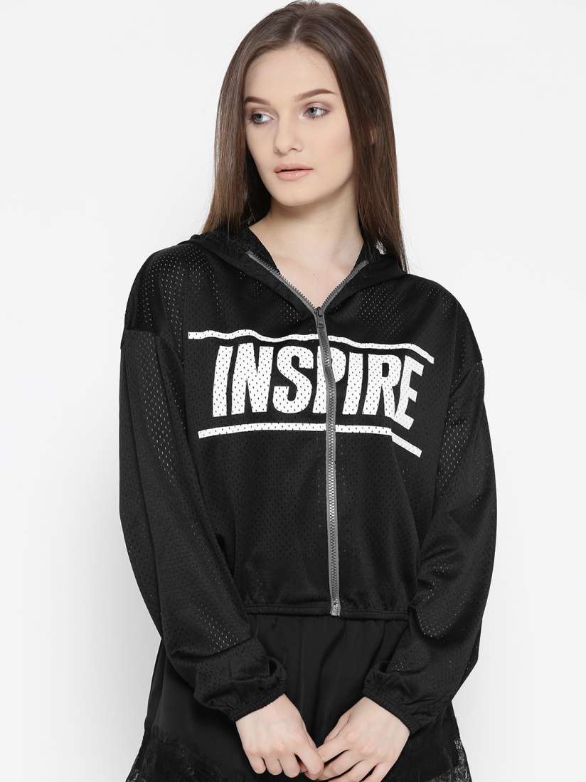 Buy FOREVER 21 Women Black Printed Hooded Sporty Jacket Jackets for Women 2058247 Myntra