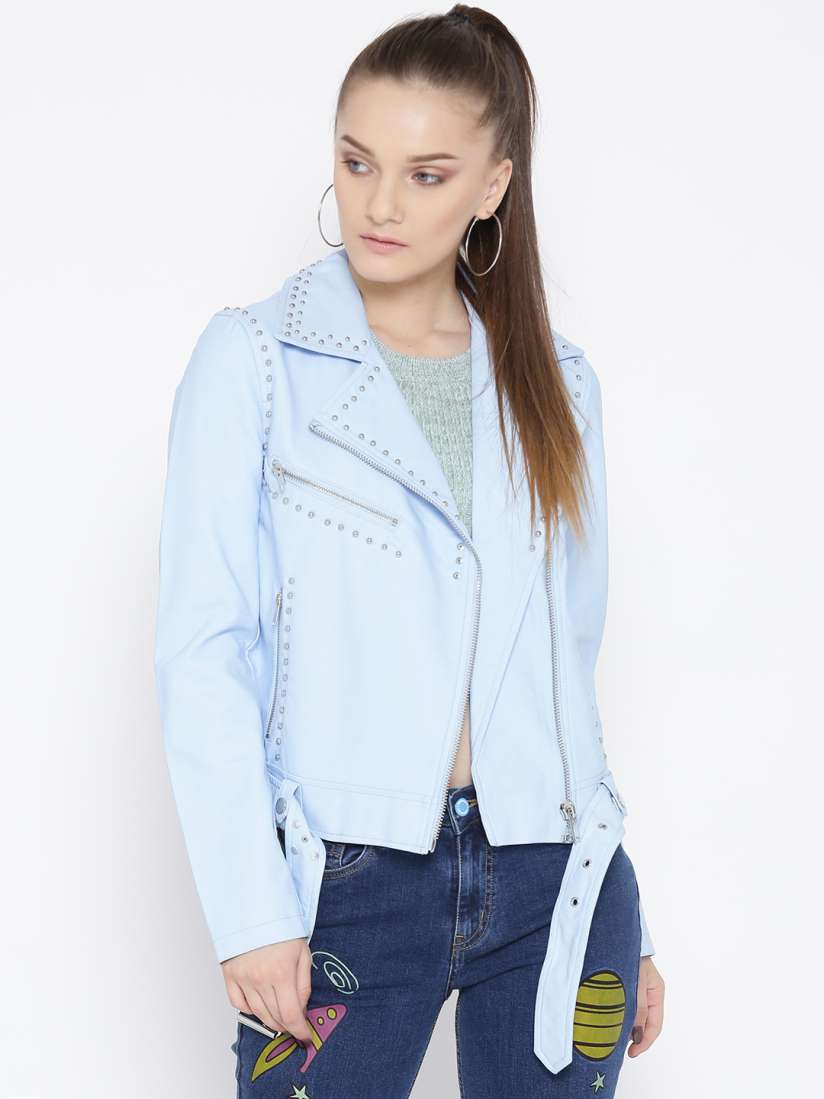 Buy FOREVER 21 Women Blue Solid Studded Faux Leather Biker Jacket Jackets for Women 2058256 Myntra