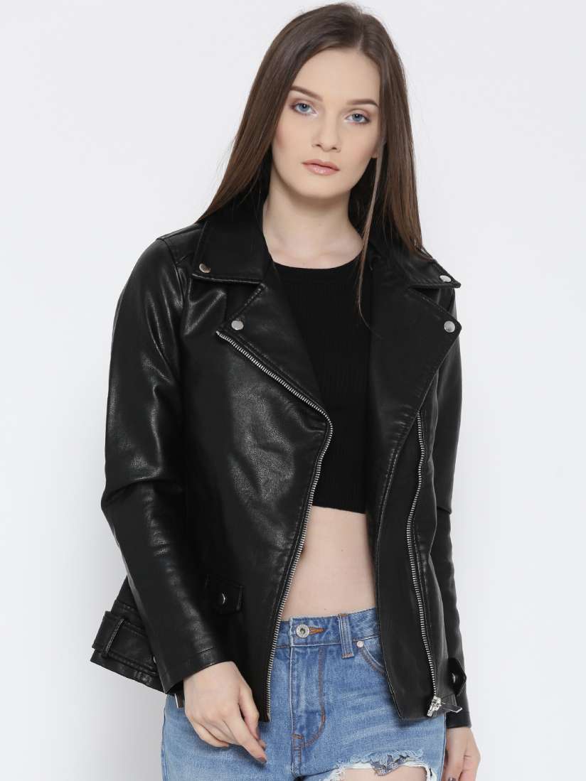 Buy FOREVER 21 Women Black Solid Asymmetric Closure Biker Jacket Jackets for Women 2058258 Myntra