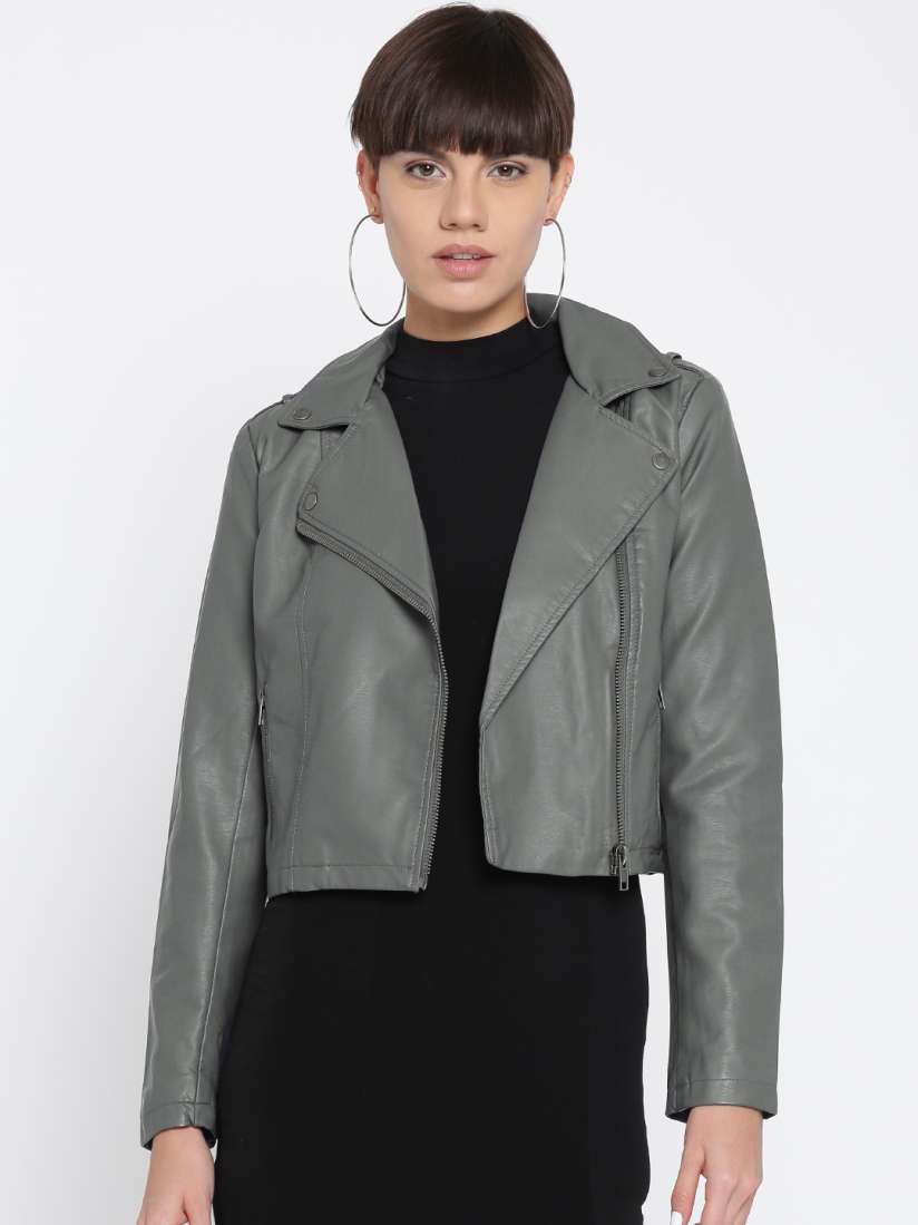 Buy FOREVER 21 Women Grey Solid Asymmetric Closure Crop Biker Jacket Jackets for Women 2058308 Myntra