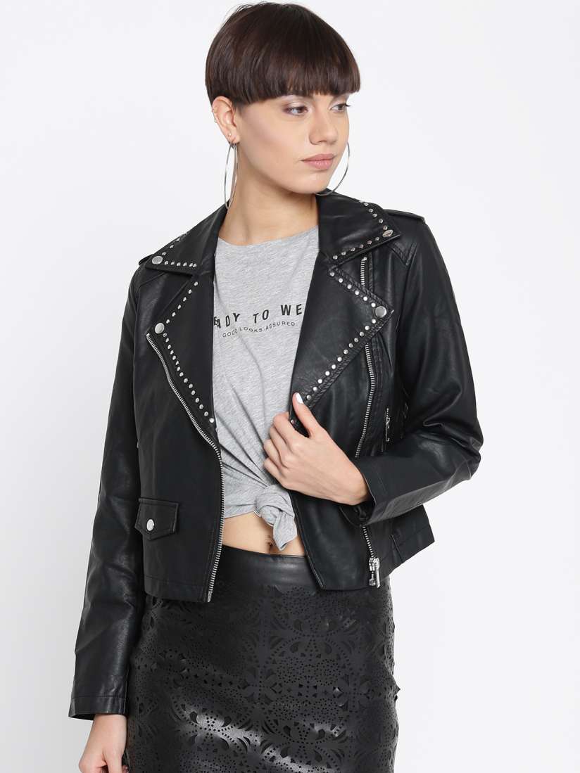Buy FOREVER 21 Women Black Solid Asymmetric Closure Biker Jacket Jackets for Women 2058321 Myntra
