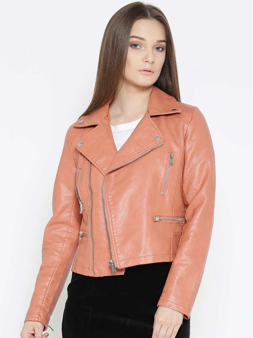 Buy FOREVER 21 Women Peach Coloured Solid Biker Jacket Jackets for Women 2058331 Myntra