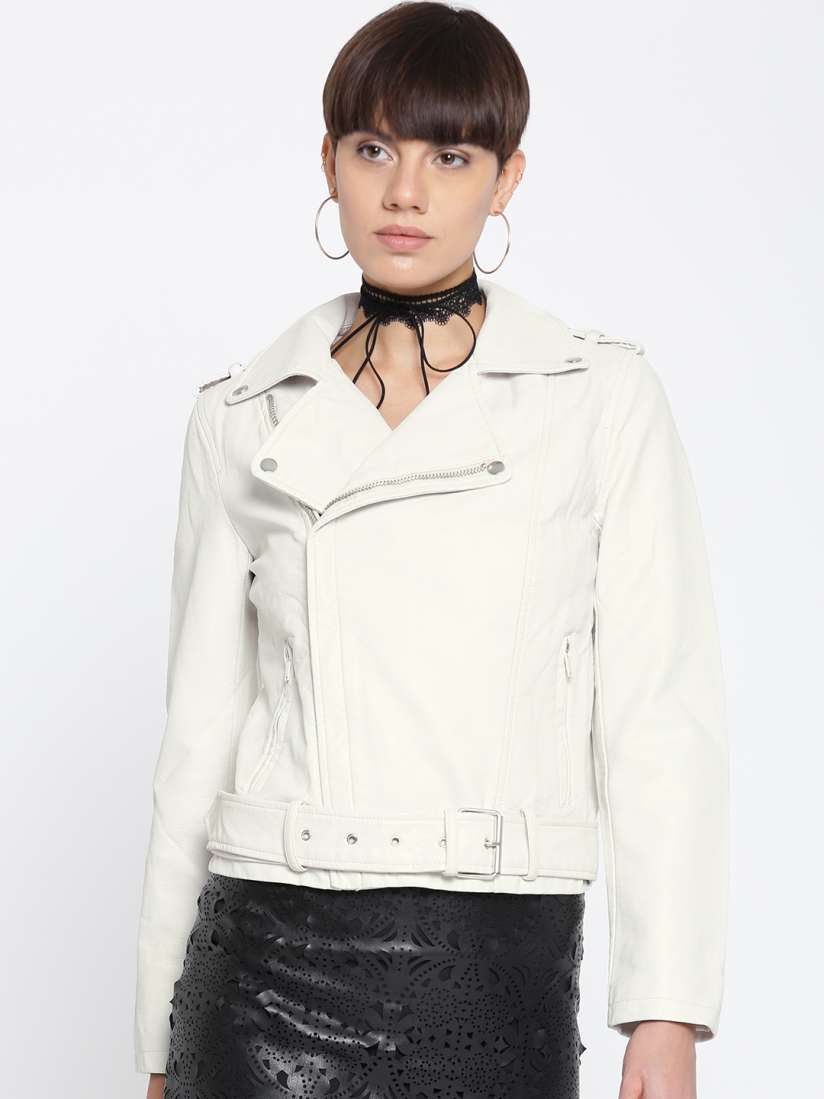 Buy FOREVER 21 Women Off White Solid Asymmetric Closure Biker Jacket Jackets for Women 2058333 Myntra