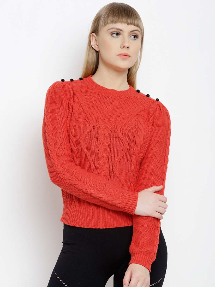 Buy FOREVER 21 Women Coral Red Self Design Sweater Sweaters for Women 2059744 Myntra