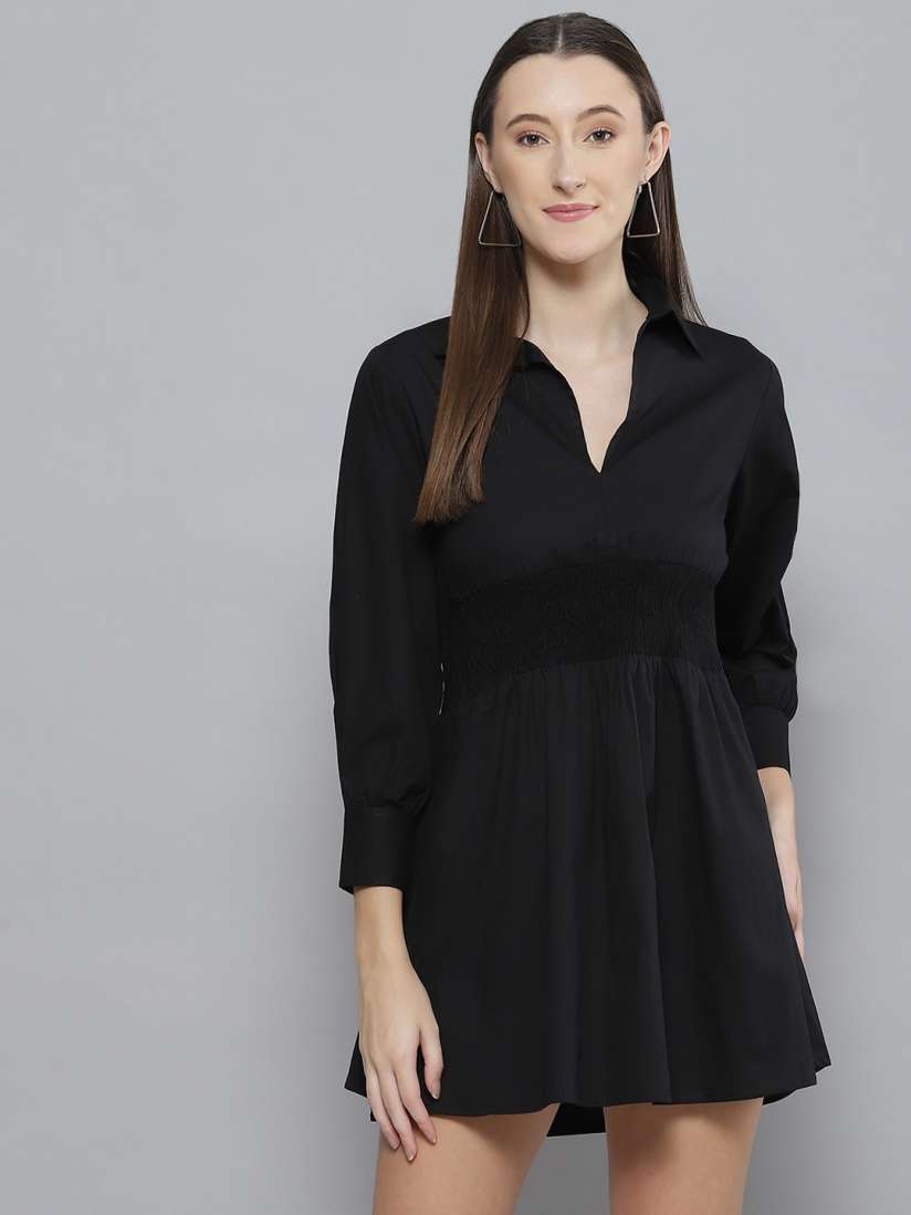Buy DENNISON Black Solid Shirt Collar Smocked Mini Dress Dresses for Women 20602456 Myntra