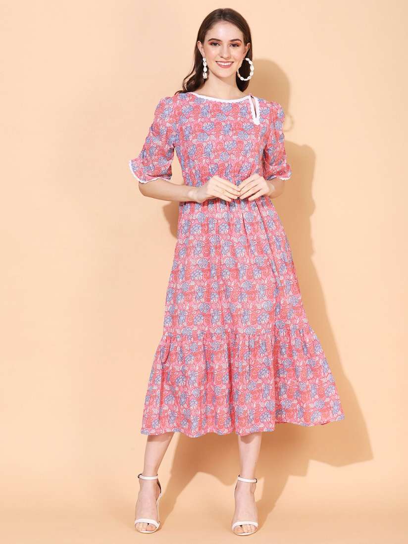 Buy FASHOR Pink Floral Midi Cotton Dress Dresses for Women 20612222 Myntra