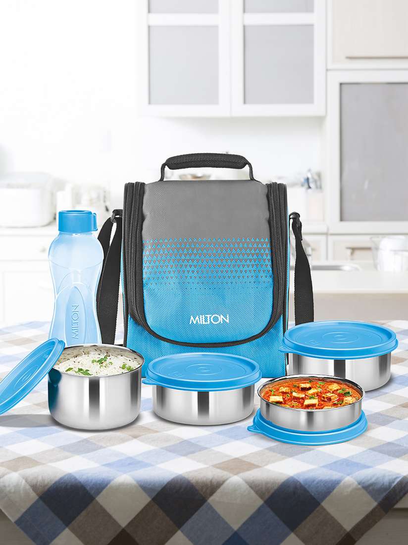 Buy Milton Set of 4 Cyan Blue Tasty 4 Stainless Steel Lunch Box Containers with 1 Bottle Lunch Box for Unisex 20621016 Myntra
