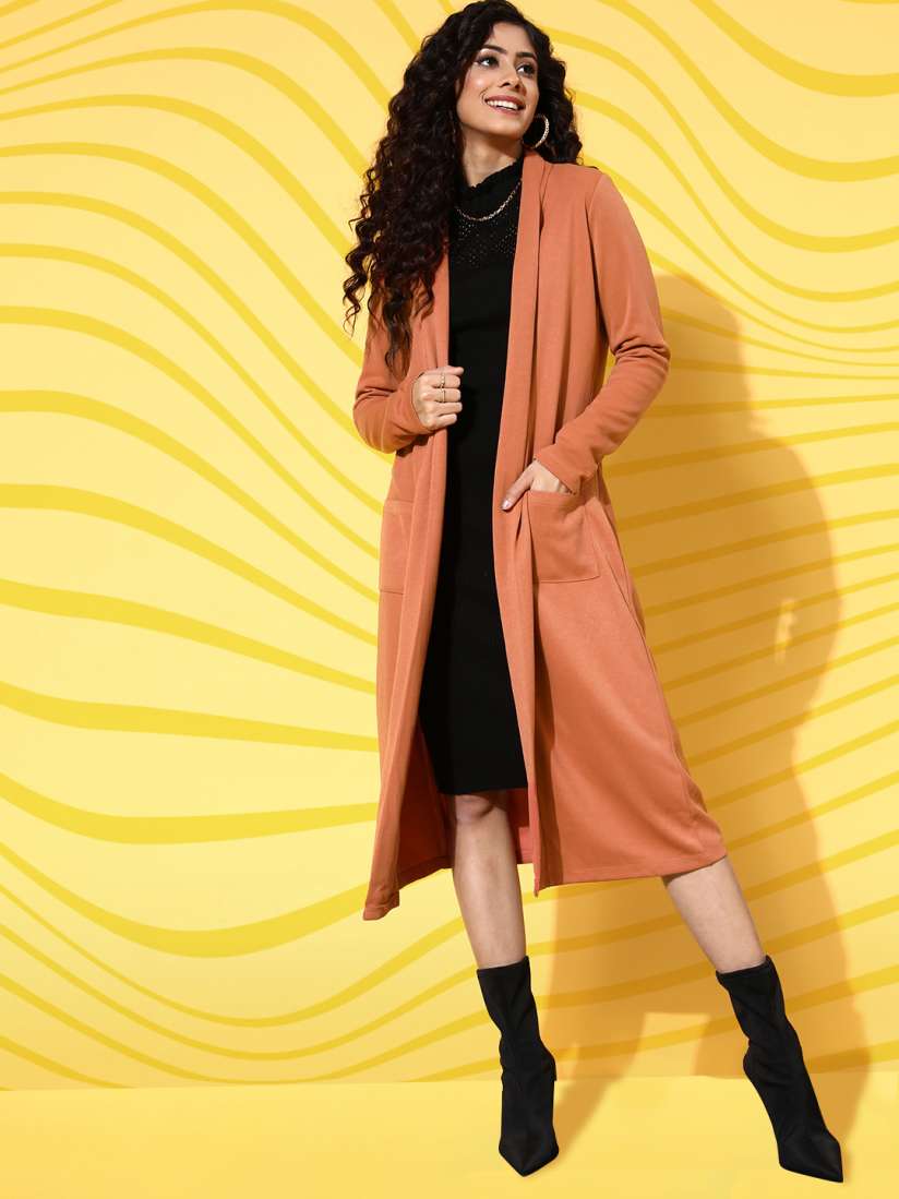 Buy SASSAFRAS Women Rust Solid Open Front Longline Shrug Shrug for Women 20622112 Myntra