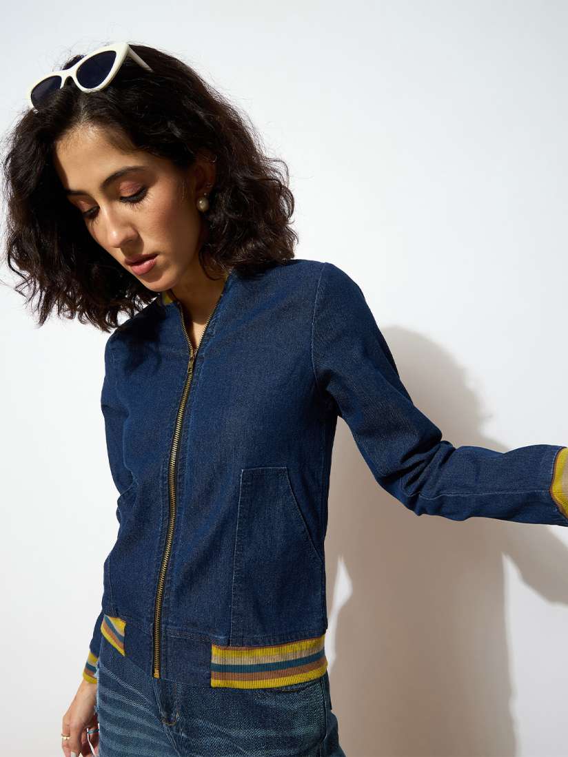 Buy SASSAFRAS Women Navy Blue Yellow Bomber Jacket Jackets for Women 20623118 Myntra