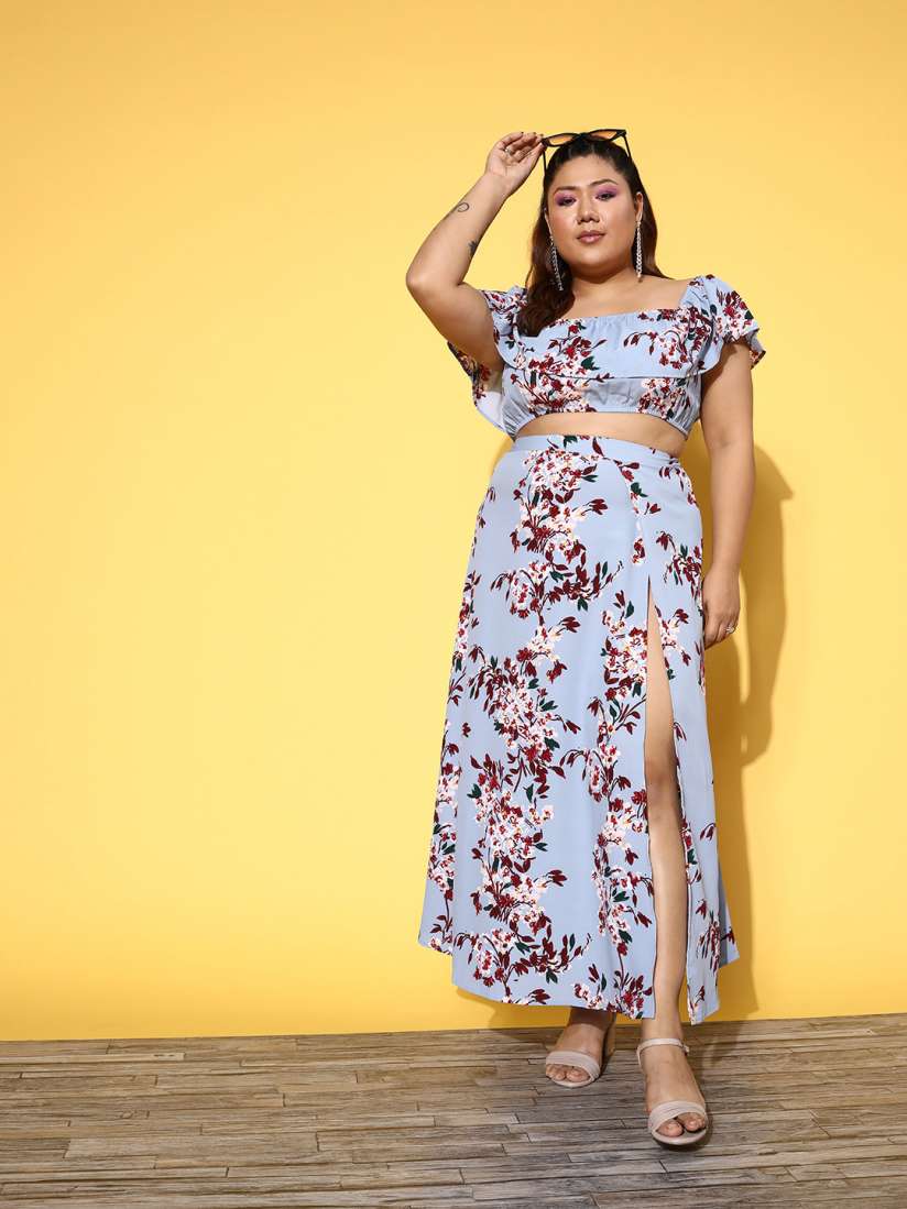 Buy Berrylush Curve Women Plus Size Blue Maroon Floral Print One Shoulder Top Skirt Co Ords for Women 20625164 Myntra