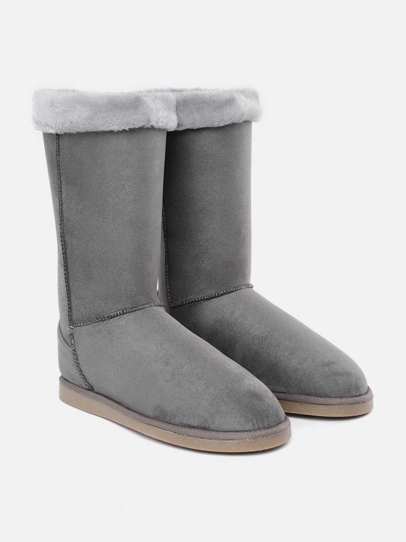 Grey boots with fur trim cheap