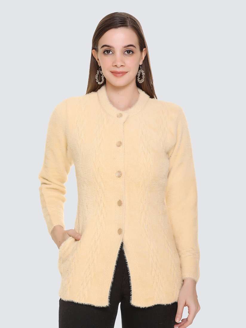 Buy Arshiya Women Beige Cable Knit Open Front Cardigan with Fuzzy