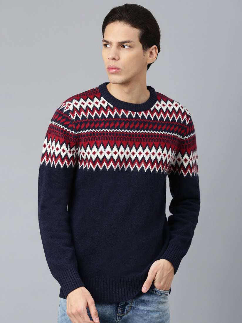 Buy Woodland Men Navy Blue White Round Neck Self Design Woolen Pullover Sweaters for Men 20638748 Myntra