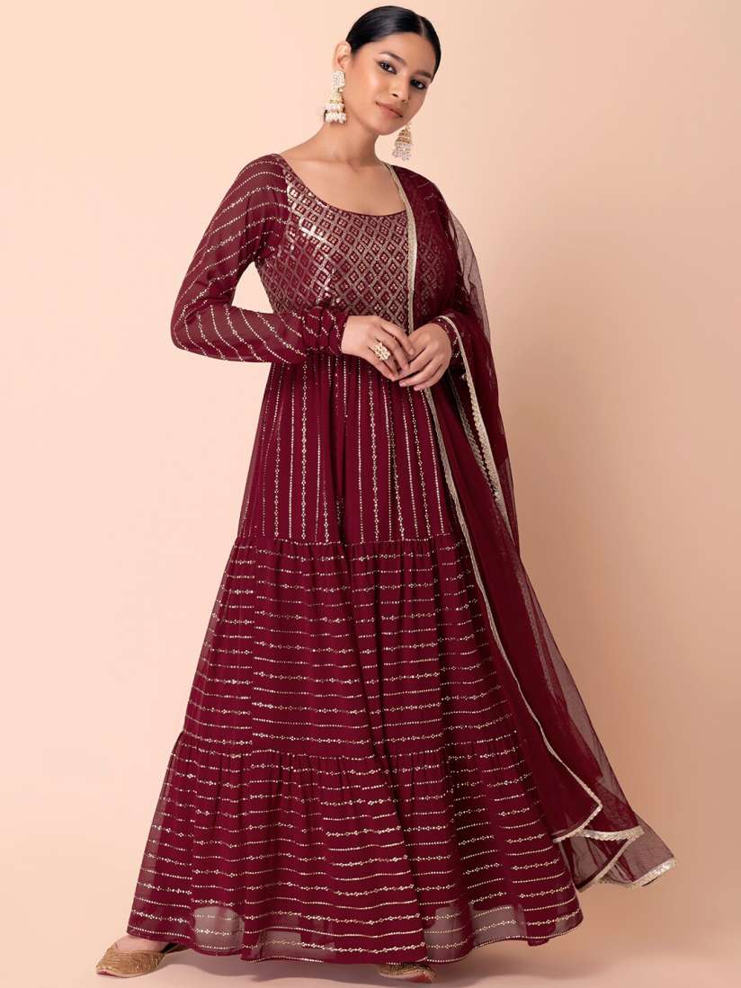 Buy Indya Luxe Women Maroon Ethnic Motifs Embroidered Sequinned Kurta with Churidar Dupatta Kurta Sets for Women 20639468 Myntra