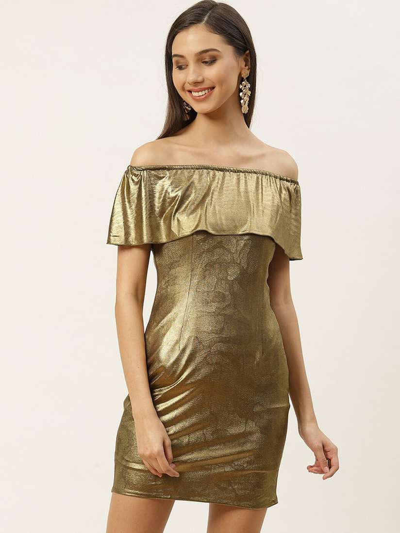 Buy DODO MOA Women Gold-Toned Off-Shoulder Solid Bodycon Dress