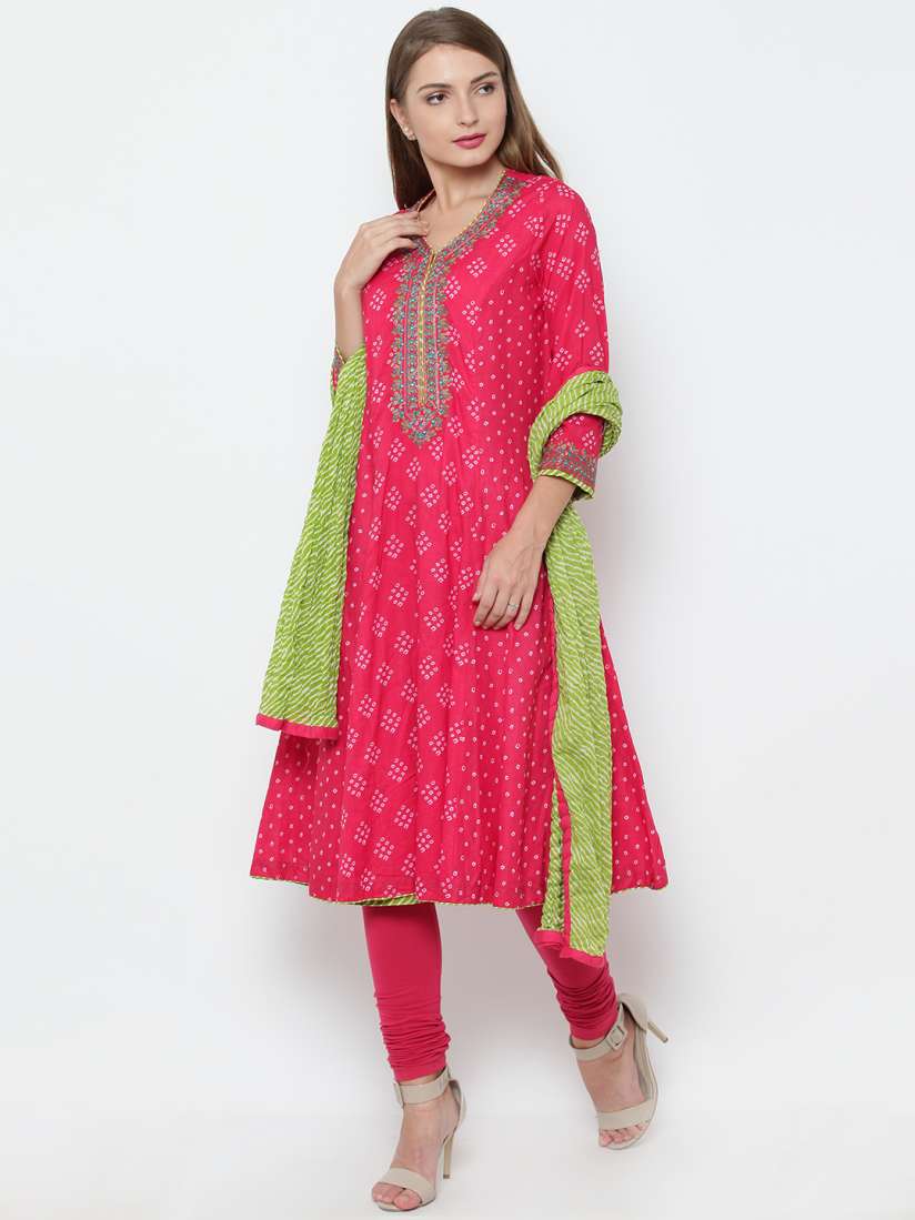 Buy Biba Women Pink Green Bandhani Print Anarkali Kurta with Leggings Dupatta Kurta Sets for Women 2064622 Myntra