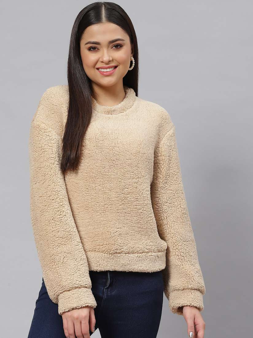 Buy Popnetic Women Beige Solid Faux Fur Sweatshirt Sweatshirts for Women 20658996 Myntra
