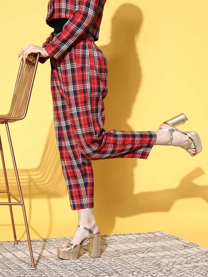 Buy SASSAFRAS Women Red Navy Blue Checked Trousers Trousers for Women 20717746 Myntra