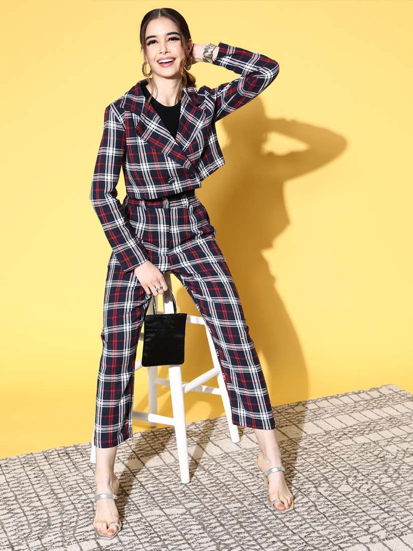 Buy SASSAFRAS Women Navy Blue Red Checked Trousers Trousers for Women 20717752 Myntra