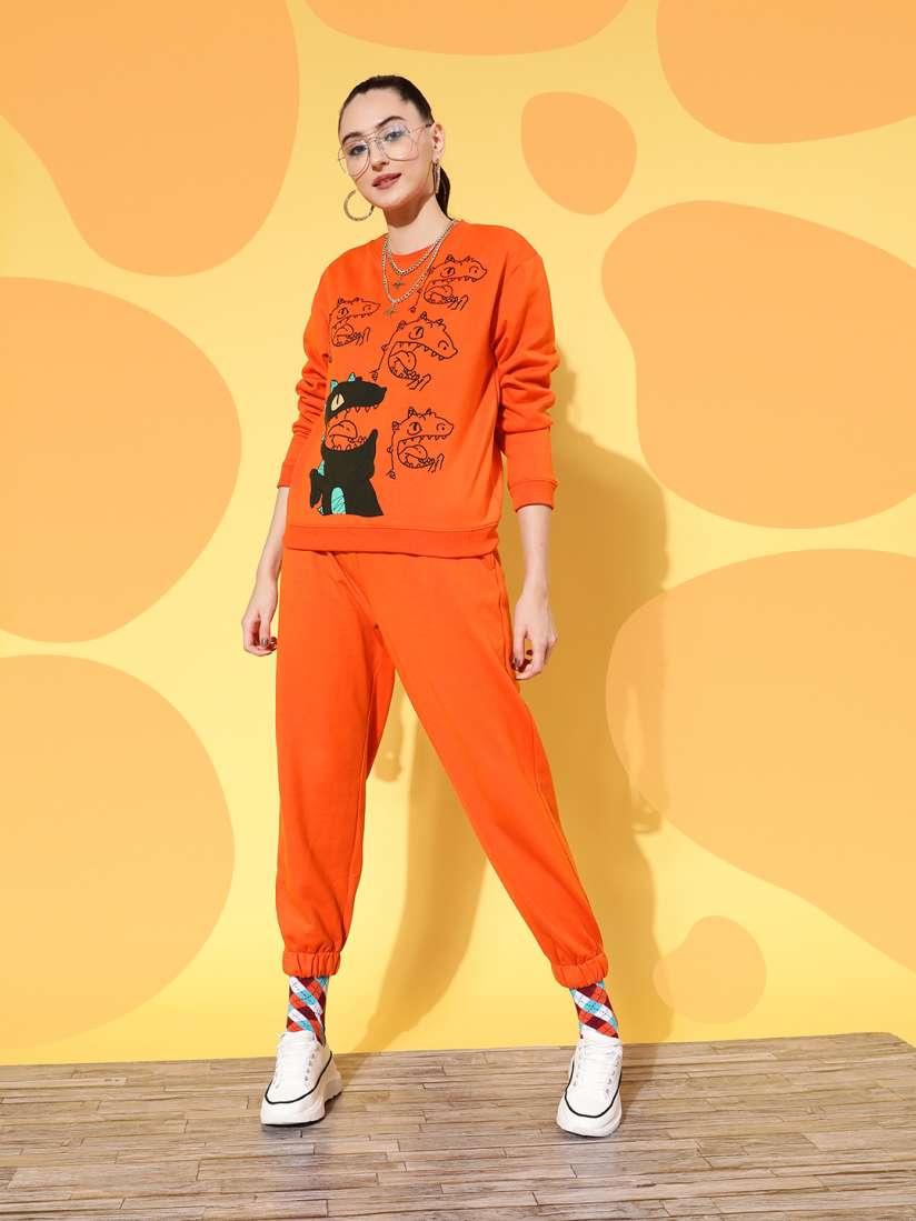 Buy SASSAFRAS Women Orange Black Printed Sweatshirts and Joggers Co Ords for Women 20720186 Myntra