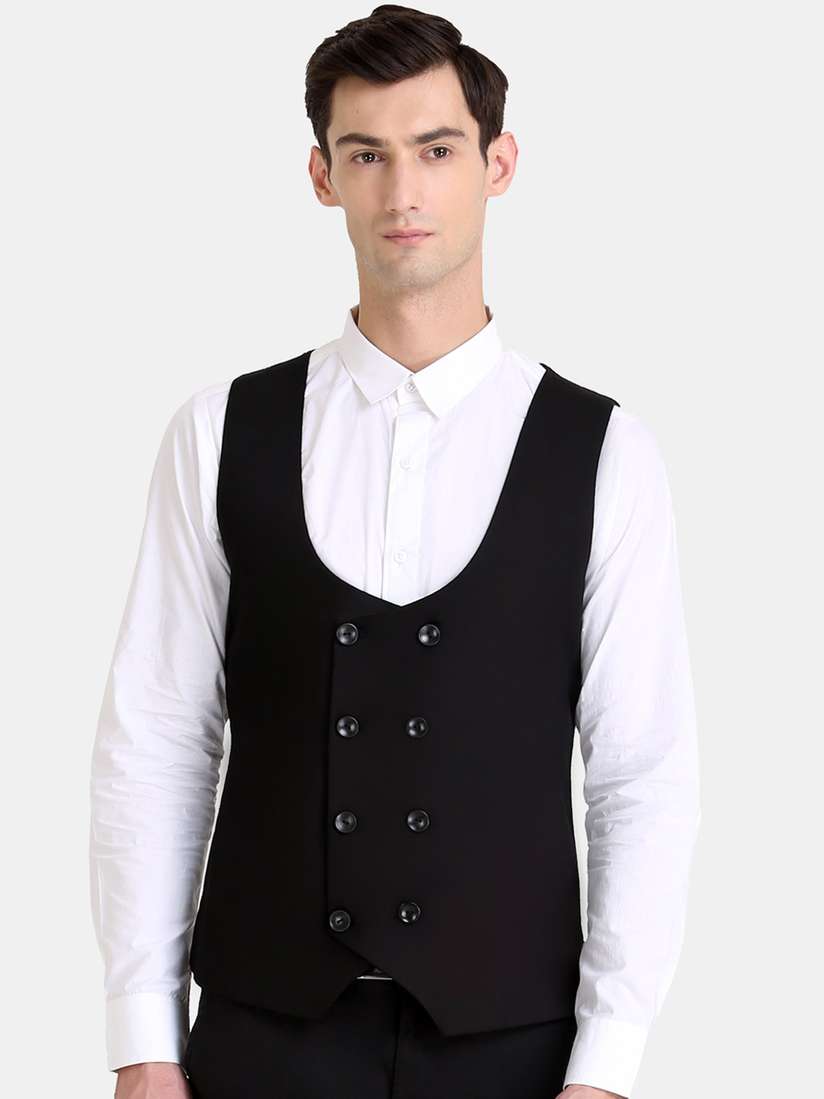 Slim Fit Mens Black Double Breasted Vest Buy Raas Men Black Solid
