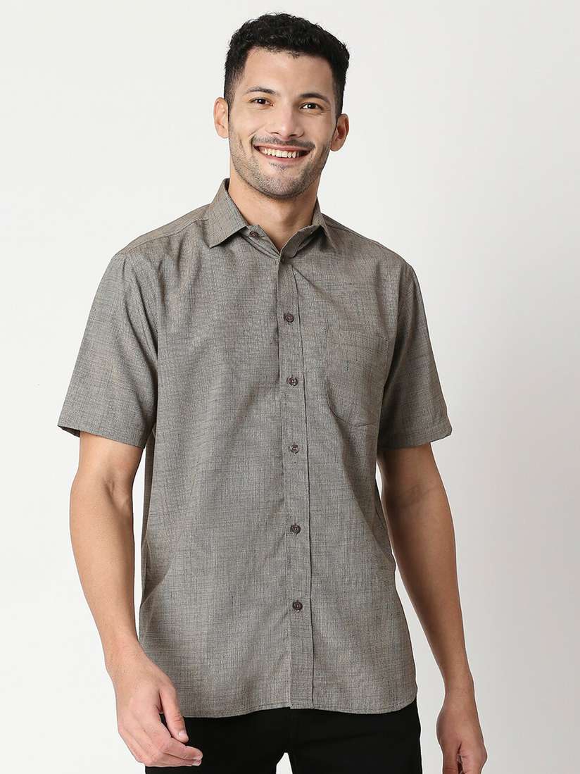 Buy MOD ECRU Men Olive Brown Regular Fit Spread Collar Pure Cotton