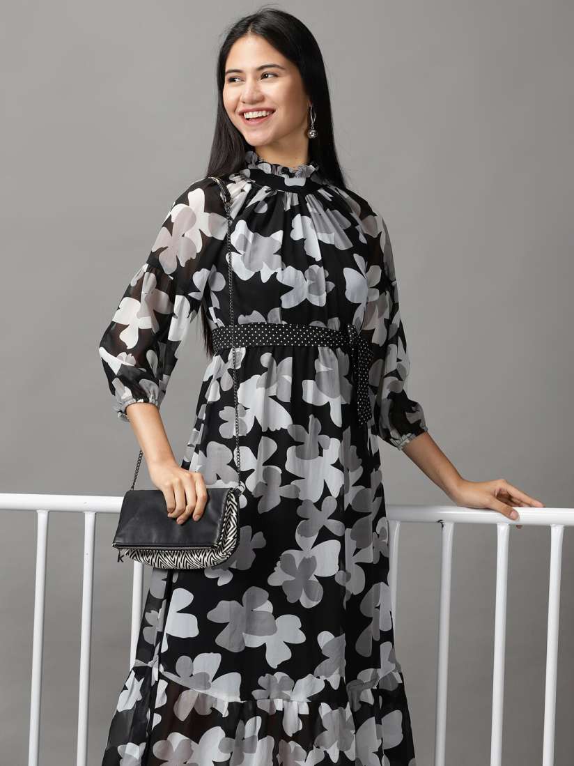Grey floral chiffon dress cheap